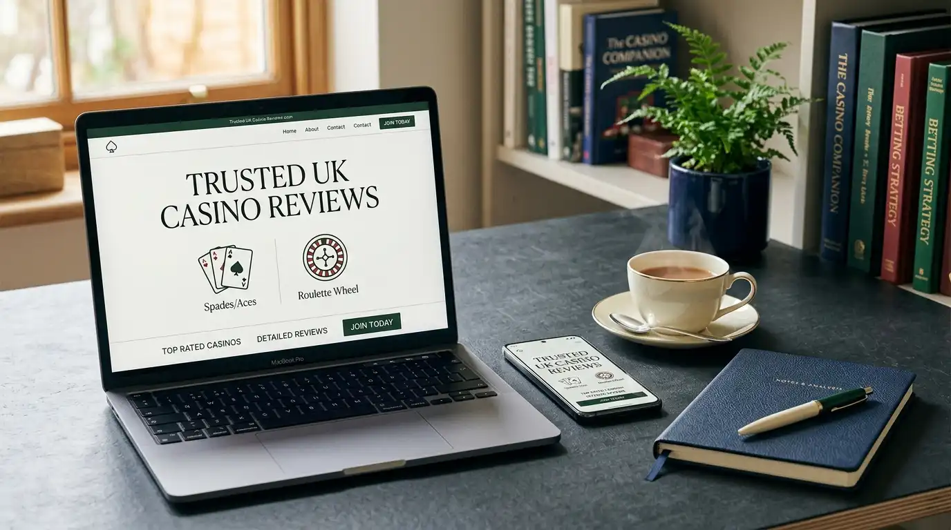 Editorial illustration of a UK online casino review on desktop and mobile devices