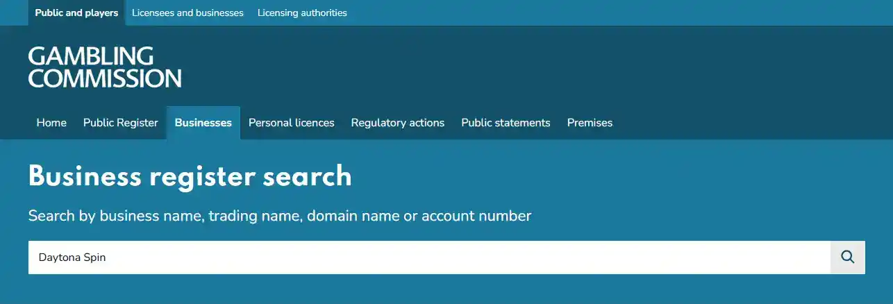 UK Gambling Commission public business register search interface