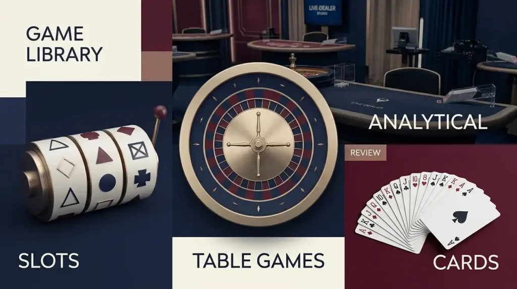 Editorial collage representing online slots, roulette, blackjack and live casino categories without real game artwork