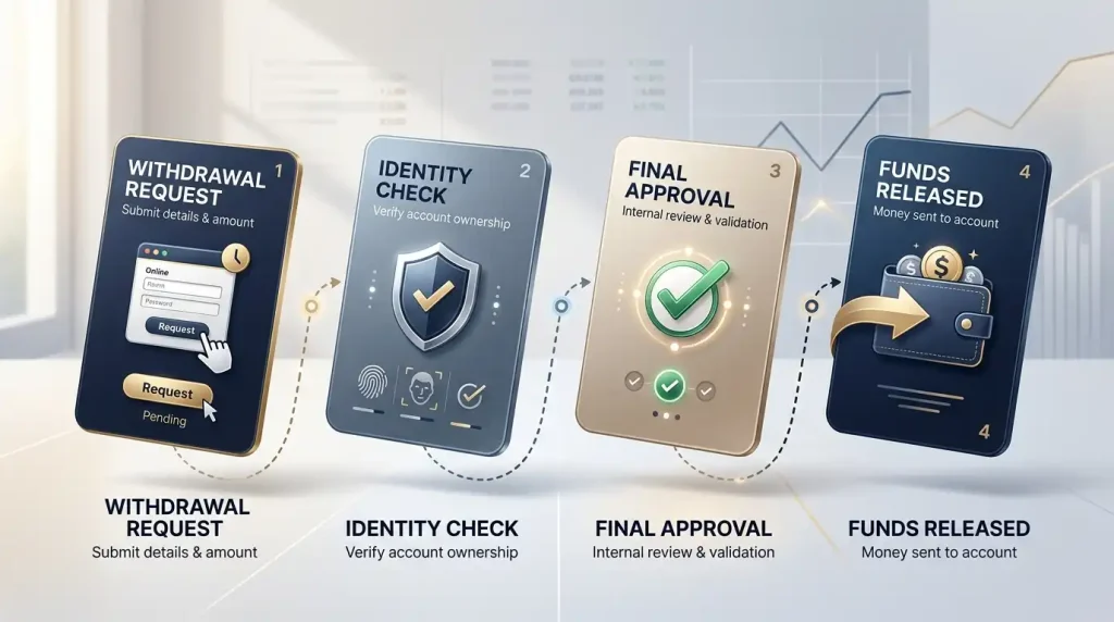 Editorial withdrawal flow showing a request, identity check, approval stage and payment release