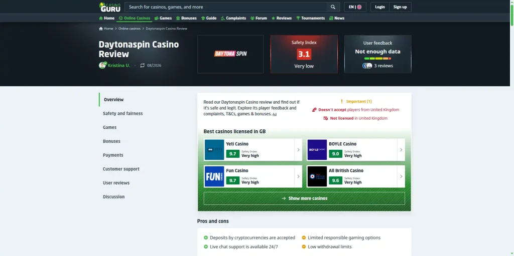Casino Guru DaytonaSpin review and complaint overview