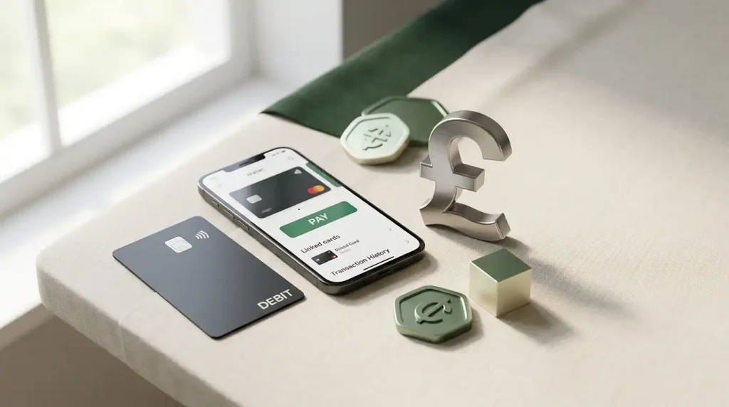 Editorial illustration of cards, digital wallets, pound sterling and cryptocurrency payment categories