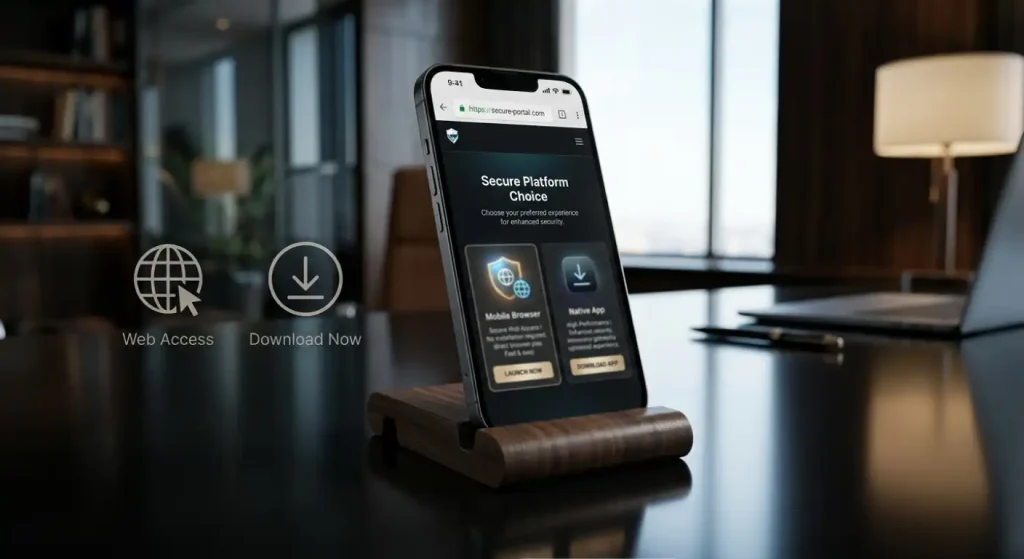 Editorial illustration contrasting a smartphone browser with generic app download symbols