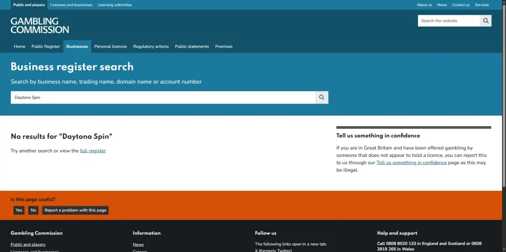 UK Gambling Commission public register page used for licence verification