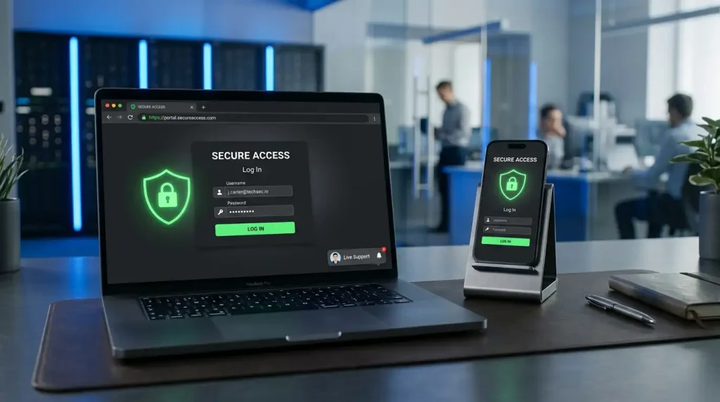 Editorial illustration of a secure account login with domain verification and live chat symbols