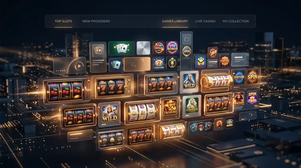 Editorial illustration of generic slot reels and software tiles without logos or real game artwork