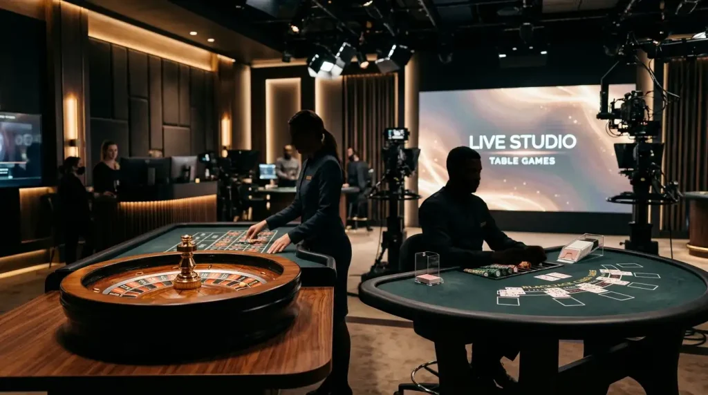 Non-branded editorial illustration of a live casino table with dealer area and streaming interface cues